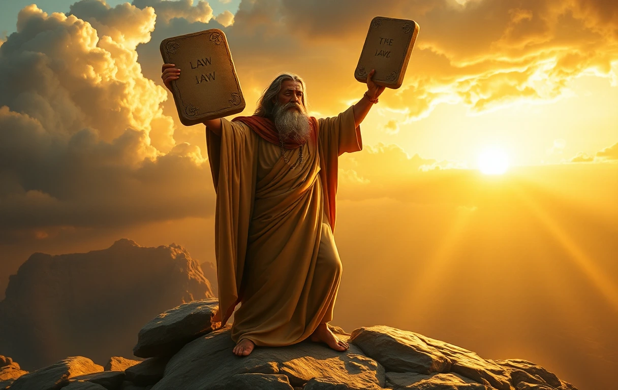Moses on Mount Sinai holding the two tablets of the Ten Commandments in golden light