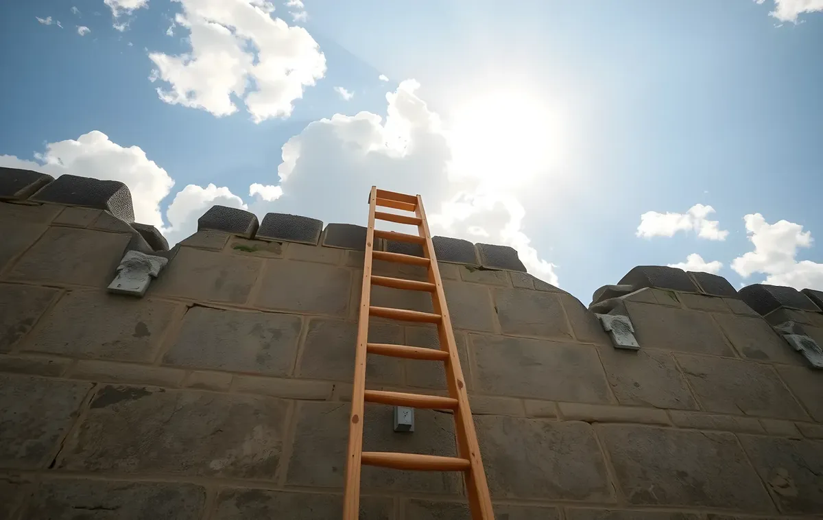 A wooden ladder reaching up a stone wall into bright clouds