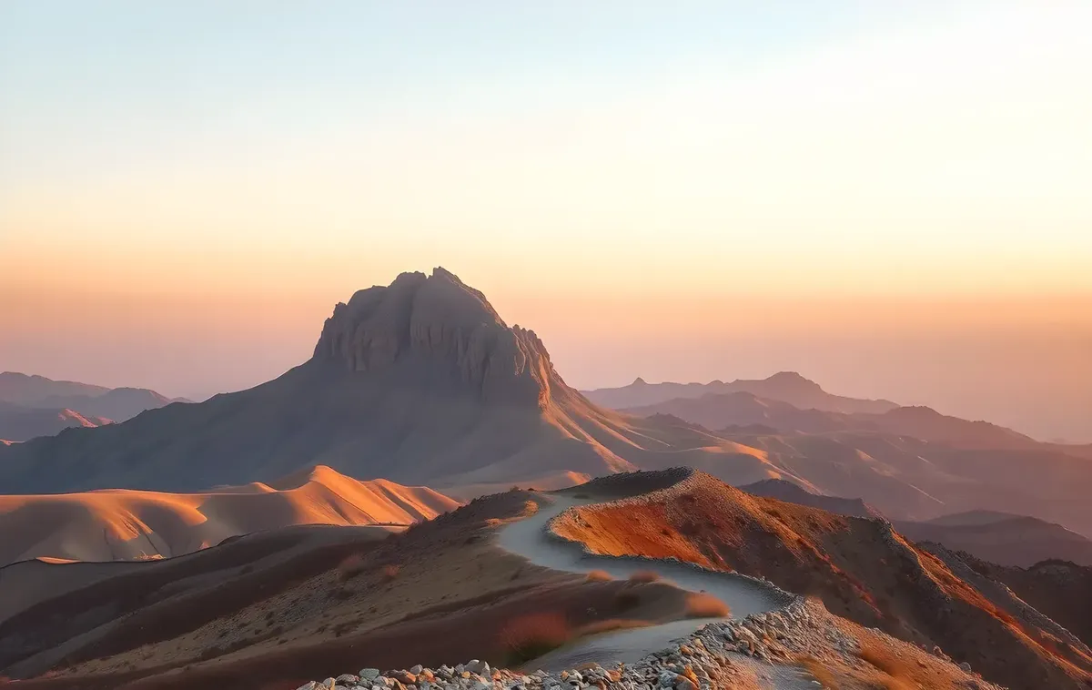 A lone mountain peak above the hills at dawn