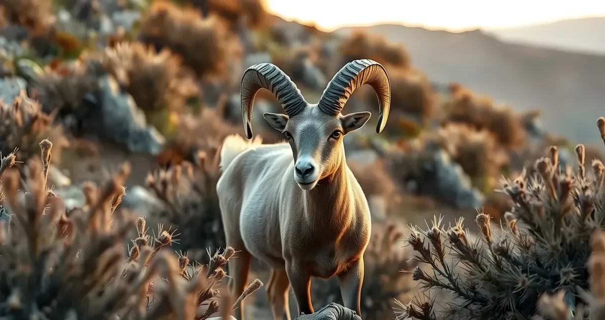 A ram with curled horns among thorny bushes on a rocky hillside